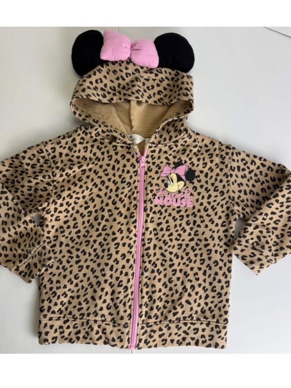 H&M Disney Minnie Mouse Girls 5T/6 Fleece Hoodie Jacket Leopard Animal Print